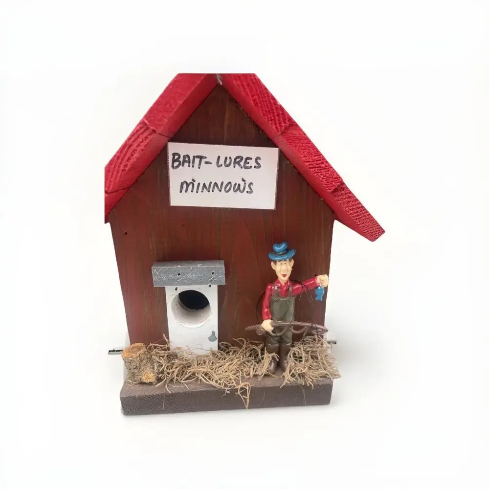 Vintage Fishing Shack Red Bird House Bait-Lures Minnows